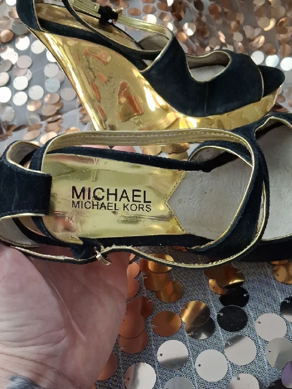 Michael Kors Black Suede and Gold Wedge Sandals - Picture 2 of 12